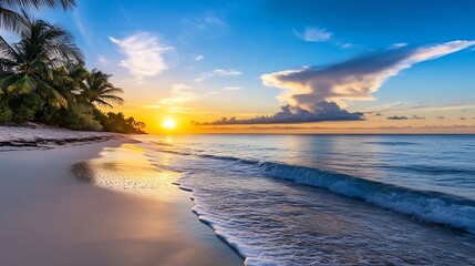 Poster - Breathtaking tropical beach during sunset with rolling waves and vibrant sky colors : Generative AI