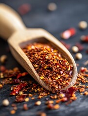 Aufkleber - Close up of red chili flakes in a wooden scoop showcasing vibrant colors and textures in cooked dishes : Generative AI