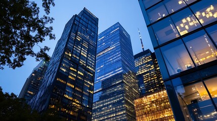 Poster - Stunning city skyline at dusk showcasing modern glass buildings illuminated by warm lights against a twilight sky : Generative AI
