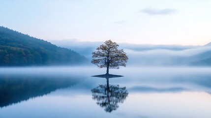 Aufkleber - Serene Misty Lake with a Lonely Tree at Dawn Reflecting in Calm Waters : Generative AI