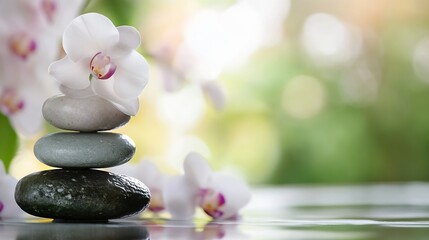 Fototapete - Serene Stacked Stones with Orchid Flowers and Soft Bokeh Background for Calm and Relaxation : Generative AI