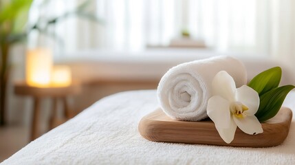 Aufkleber - Luxurious Spa Towel and Orchid Flower on a Cozy Bed Creating a Relaxing Atmosphere : Generative AI