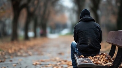 Poster - Despondent Figure in Hoodie on Park Bench Surrounded by Fallen Leaves : Generative AI