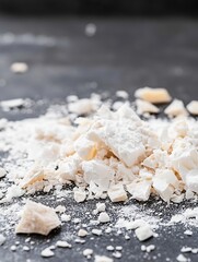 Poster - Scattering of crushed white chocolate on a reflective dark surface creating a striking contrast : Generative AI