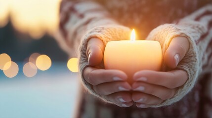 Leinwandbilder - Hands Holding a Softly Glowing Candle in a Winter Setting : Generative AI