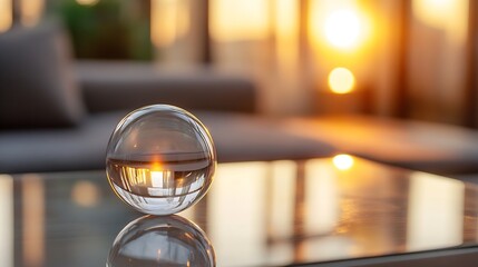 Leinwandbilder - Crystal Clear Sphere Reflecting a Beautiful Sunset and Soft Couch in a Cozy Indoor Setting : Generative AI