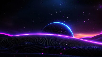 glowing sphere over landscape horizon with purple light in cosmic starry background