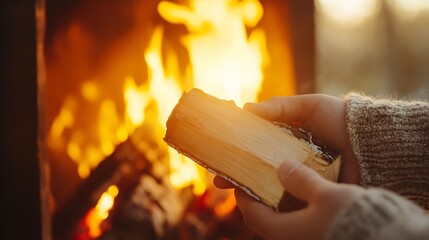 Aufkleber - Person Holding a Log of Wood Near the Flickering Flames of a Cozy Fireplace in the Winter Season : Generative AI
