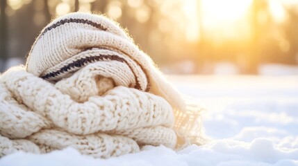 Poster - Cozy Soft Knitted Winter Scarf Resting on Snow with Warm Glow of Sunlight : Generative AI