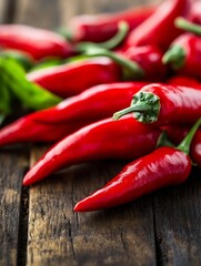 Poster - Fresh Red Chili Peppers Arranged on a Wooden Table Ideal for Spicy Dishes and Culinary Art : Generative AI