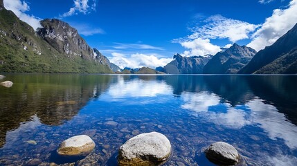 Poster - Tranquil mountain lake reflecting clouds and blue sky at Fiordland National Park in New Zealand : Generative AI