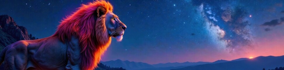 Wall Mural - Regal lion with iridescent mane and starry night sky behind in a fantastical landscape, night sky, galaxy, digital art