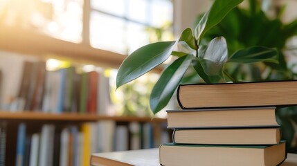 Poster - Stack of books with green plant in cozy reading nook bathed in warm sunlight : Generative AI
