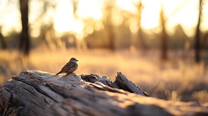 Aufkleber - Capture of a small bird perched on a log during golden hour in a tranquil outdoor setting : Generative AI