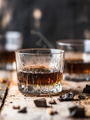 Aufkleber - Rich brown whiskey poured into a clear glass with chocolate pieces on a rustic wooden table : Generative AI