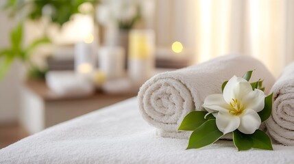 Aufkleber - Relaxing spa setting with rolled towels and a fresh flower on a white background : Generative AI