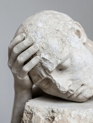 Poster - Sculpture of a man in despair with one hand on his forehead depicting deep emotional pain : Generative AI
