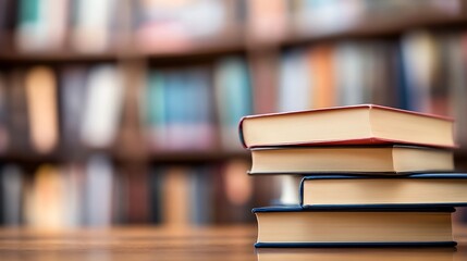 Poster - Stack of colorful books on wooden table with blurred bookshelf background : Generative AI