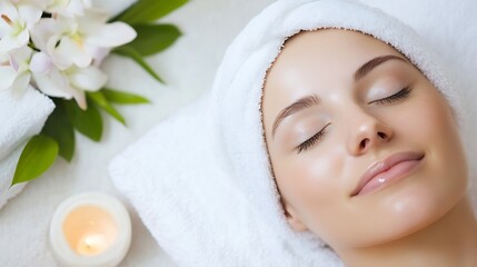 Poster - Relaxing Spa Treatment with a Peaceful Woman Surrounded by White Towels and Flowers : Generative AI