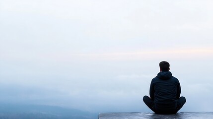 Aufkleber - Contemplative man sitting on a ledge overlooking a misty landscape under soft light : Generative AI