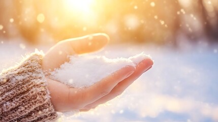 Aufkleber - Hand Holding Fresh Snow with Warm Golden Light in Background Creating a Magical Winter Scene : Generative AI