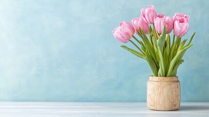 Aufkleber - Vibrant pink tulips in a rustic wooden jar against a soft blue background : Generative AI