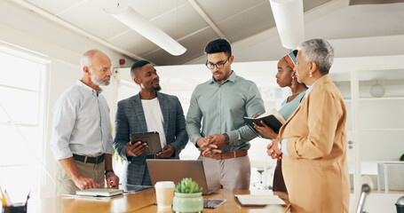 Aufkleber - Business people, laptop or discussion in meeting in boardroom with planning or creative decision making. Teamwork, professional employees or technology in office for project feedback or brainstorming