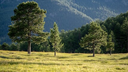 Poster - Sunny clearing with tall trees in the foreground of a mountainous green landscape under a clear sky : Generative AI