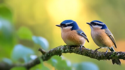 Poster - Two charming birds perched on a branch amidst a serene natural backdrop : Generative AI