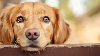 Poster - Adorable golden retriever resting its head on a wooden fence with captivating brown eyes : Generative AI