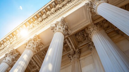 Poster - Majestic view of classical architecture featuring grand columns under bright sunlight : Generative AI