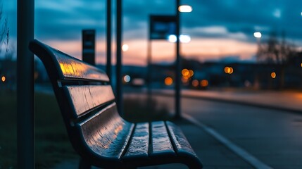 Poster - Lonely Park Bench at a Bus Stop with Evening City Lights in Background : Generative AI
