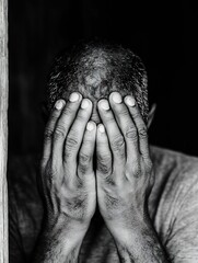 Poster - Man hiding his face with hands in a poignant display of vulnerability and emotion against a dark backdrop : Generative AI