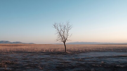 Aufkleber - Lonely tree standing strong in an open landscape under a bright blue sky during sunset : Generative AI
