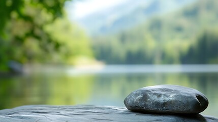 Aufkleber - Smooth stone resting on a serene lakeside with lush green forest backdrop : Generative AI