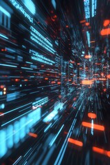 Poster - Abstract digital data stream with glowing lines and particles in a futuristic setting