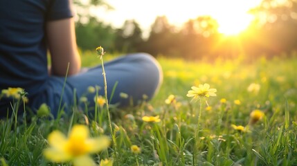 Poster - Person Sitting on Grass Surrounded by Wildflowers at Sunset in a Peaceful Setting : Generative AI