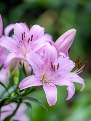 Poster - Vibrant Pink Lilies Blooming Gracefully in a Lush Green Natural Background : Generative AI