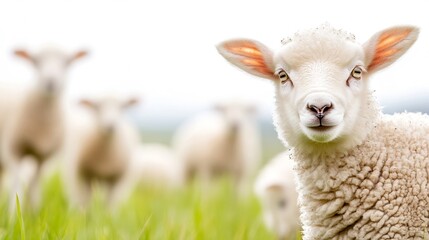 Poster - Adorable close up of a sheep with soft wool in a lush green meadow on a clear day : Generative AI