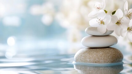 Poster - Calming stones stacked with delicate flowers on water background symbolizing peace and relaxation : Generative AI