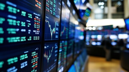 Leinwandbilder - Modern stock market display showcasing multiple financial graphs and trading data on screens in a trading room : Generative AI