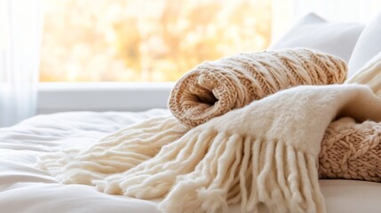Aufkleber - Warm cozy knitted blanket rolled up on a bed creating a peaceful autumn atmosphere : Generative AI