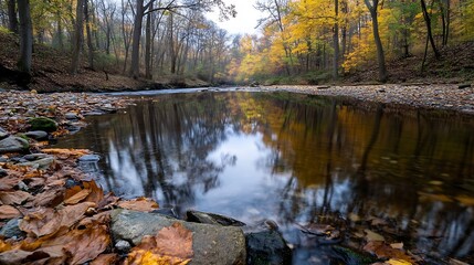 Fototapete - Serene river winding through an autumn forest with colorful leaves and still water reflections : Generative AI