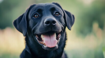 Poster - Smiling black Labrador retriever dog portrait in green outdoor setting : Generative AI