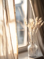 Poster - Soft sunlight filtering through sheer curtains illuminating a vase of dried flowers : Generative AI