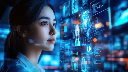 Poster - a young woman gazes intently at a futuristic digital interface filled with holographic displays, sho