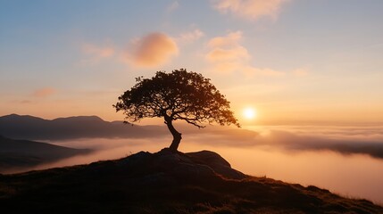Poster - Beautiful Silhouette of a Lone Tree at Sunset with Glowing Sky and Misty Landscape : Generative AI