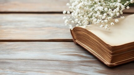 Poster - An elegant old book with beautiful pages resting on a wooden table adorned with delicate white flowers : Generative AI