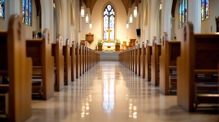 Aufkleber - The serene interior of a beautifully designed church showcasing rows of wooden pews and stained glass windows : Generative AI