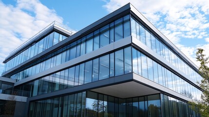 Aufkleber - Modern architectural design featuring sleek glass facade reflecting blue skies and surrounding greenery : Generative AI